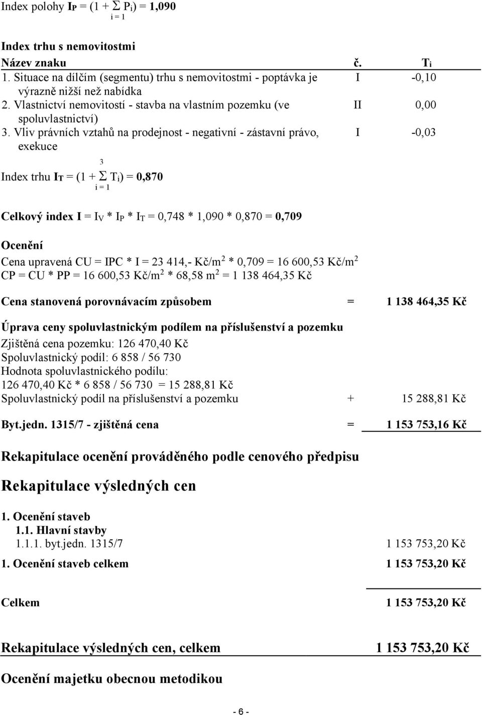 I Ti -0,10 I -0,03 3 Index trhu IT = (1 + Ti) = 0,870 i=1 Celkový index I = IV * IP * IT = 0,748 * 1,090 * 0,870 = 0,709 Ocenění Cena upravená CU = IPC * I = 23 414,- Kč/m2 * 0,709 = 16 600,53 Kč/m2