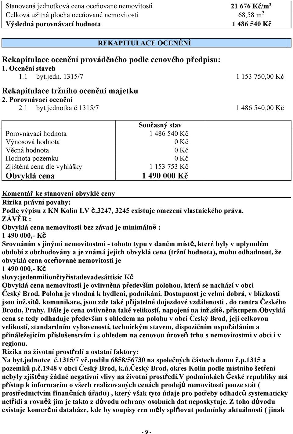 1315/7 Porovnávací hodnota Výnosová hodnota Věcná hodnota Hodnota pozemku Zjištěná cena dle vyhlášky Obvyklá cena 1 486 54 Kč Současný stav 1 486 540 Kč 0 Kč 0 Kč 0 Kč 1 153 753 Kč 1 490 000 Kč