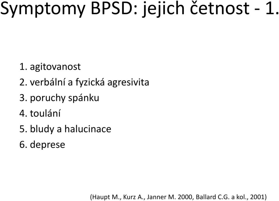 toulání 5. bludy a halucinace 6. deprese (Haupt M.