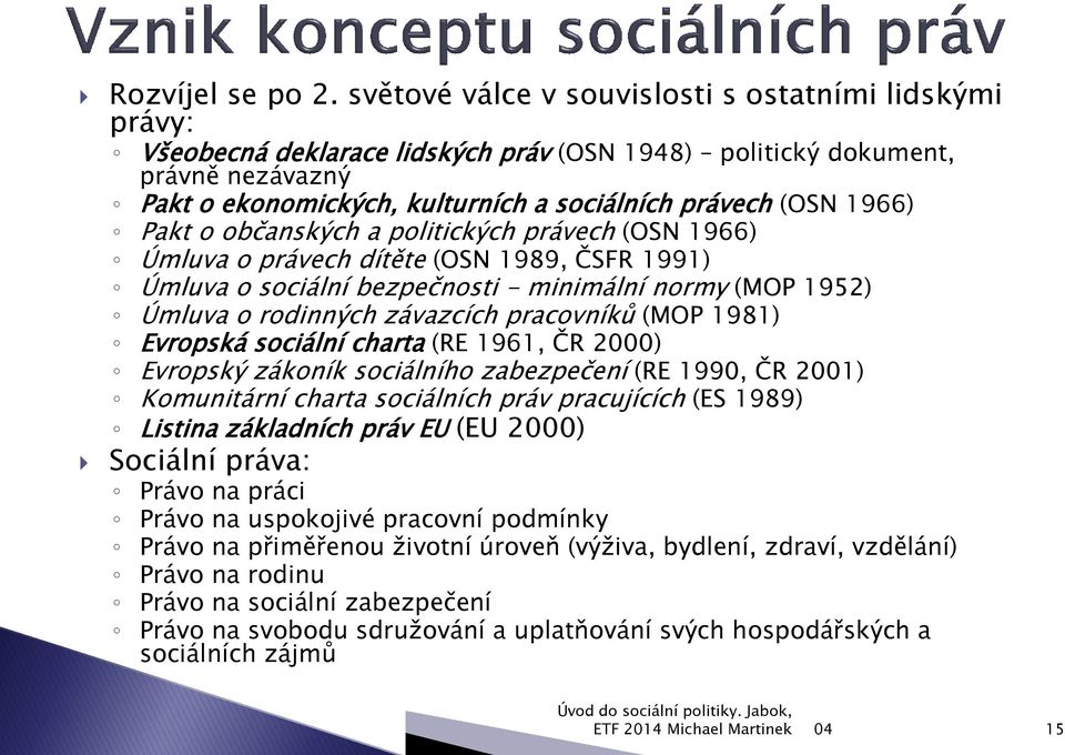 1966) Pakt o občanských a politických právech (OSN 1966) Úmluva o právech dítěte (OSN 1989, ČSFR 1991) Úmluva o sociální bezpečnosti - minimální normy (MOP 1952) Úmluva o rodinných závazcích