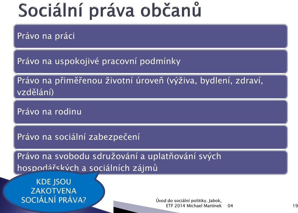 rodinu Právo na sociální zabezpečení Právo na svobodu sdruţování a