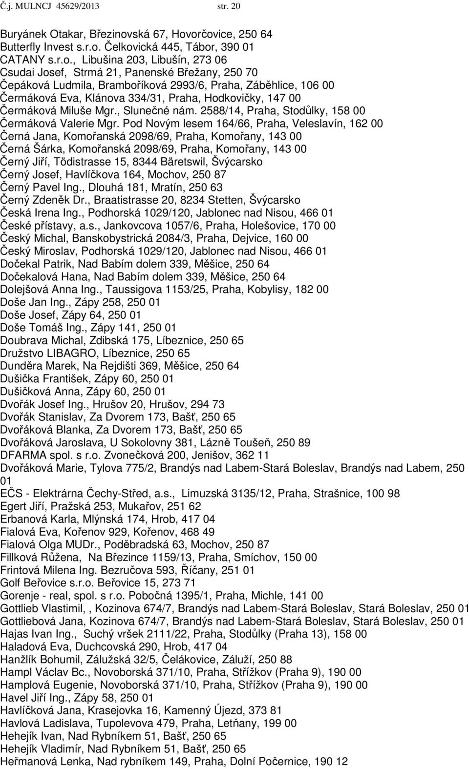 orčovice, 250 64 Butterfly Invest s.r.o. Čelkovická 445, Tábor, 390 01 CATANY s.r.o., Libušina 203, Libušín, 273 06 Csudai Josef, Strmá 21, Panenské Břežany, 250 70 Čepáková Ludmila, Bramboříková