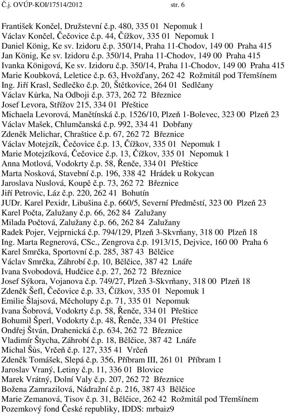 Jiří Krasl, Sedlečko č.p. 20, Štětkovice, 264 01 Sedlčany Václav Kůrka, Na Odboji č.p. 373, 262 72 Březnice Josef Levora, Střížov 215, 334 01 Přeštice Michaela Levorová, Manětínská č.p. 1526/10, Plzeň 1-Bolevec, 323 00 Plzeň 23 Václav Mašek, Chlumčanská č.