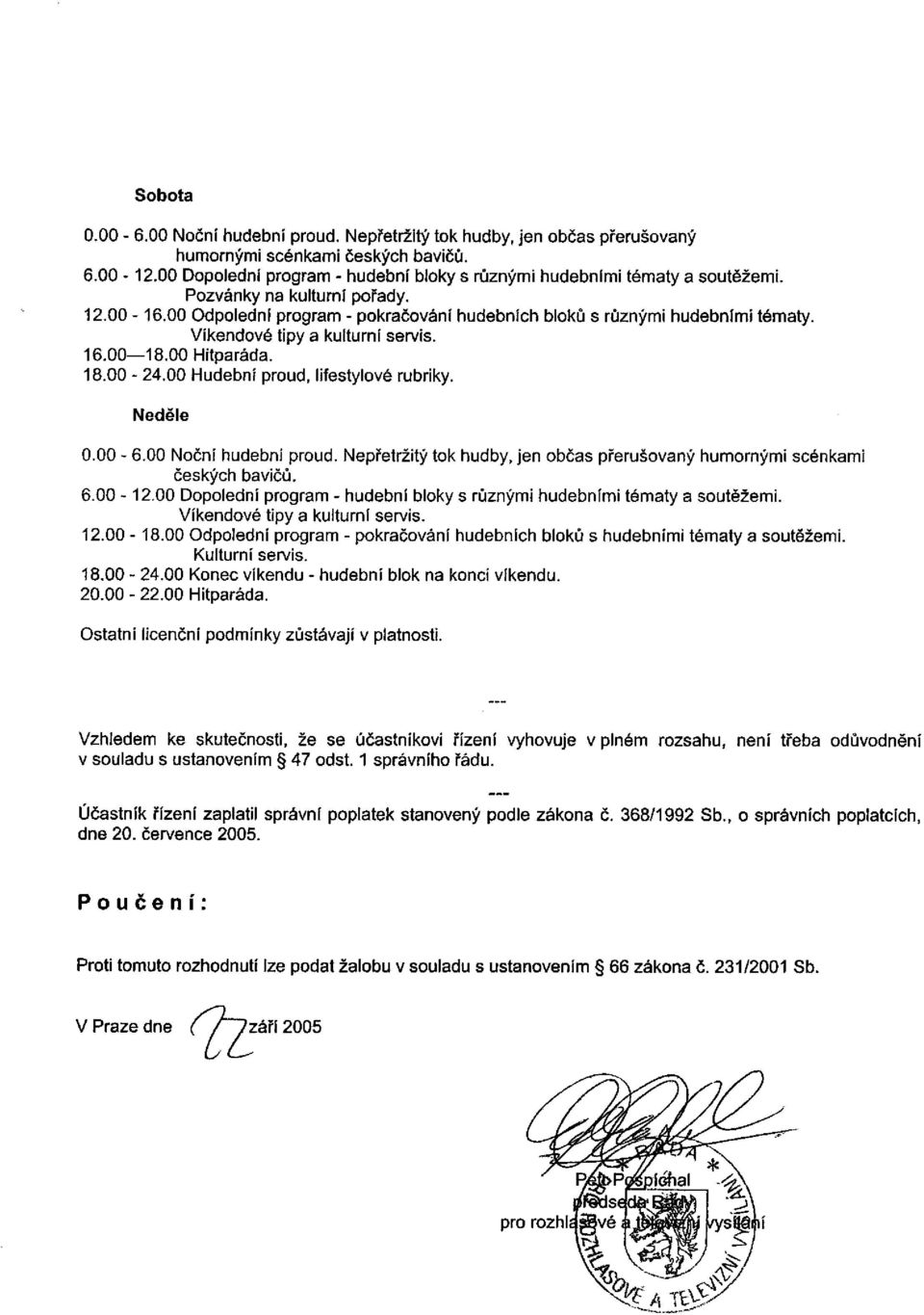 Víkendové tipy a kulturní servis. 16.00 18.00 Hitparáda. 18.00-24.00 Hudební proud, lifestylové rubriky. Neděle 0.00-6.00 Noční hudební proud.