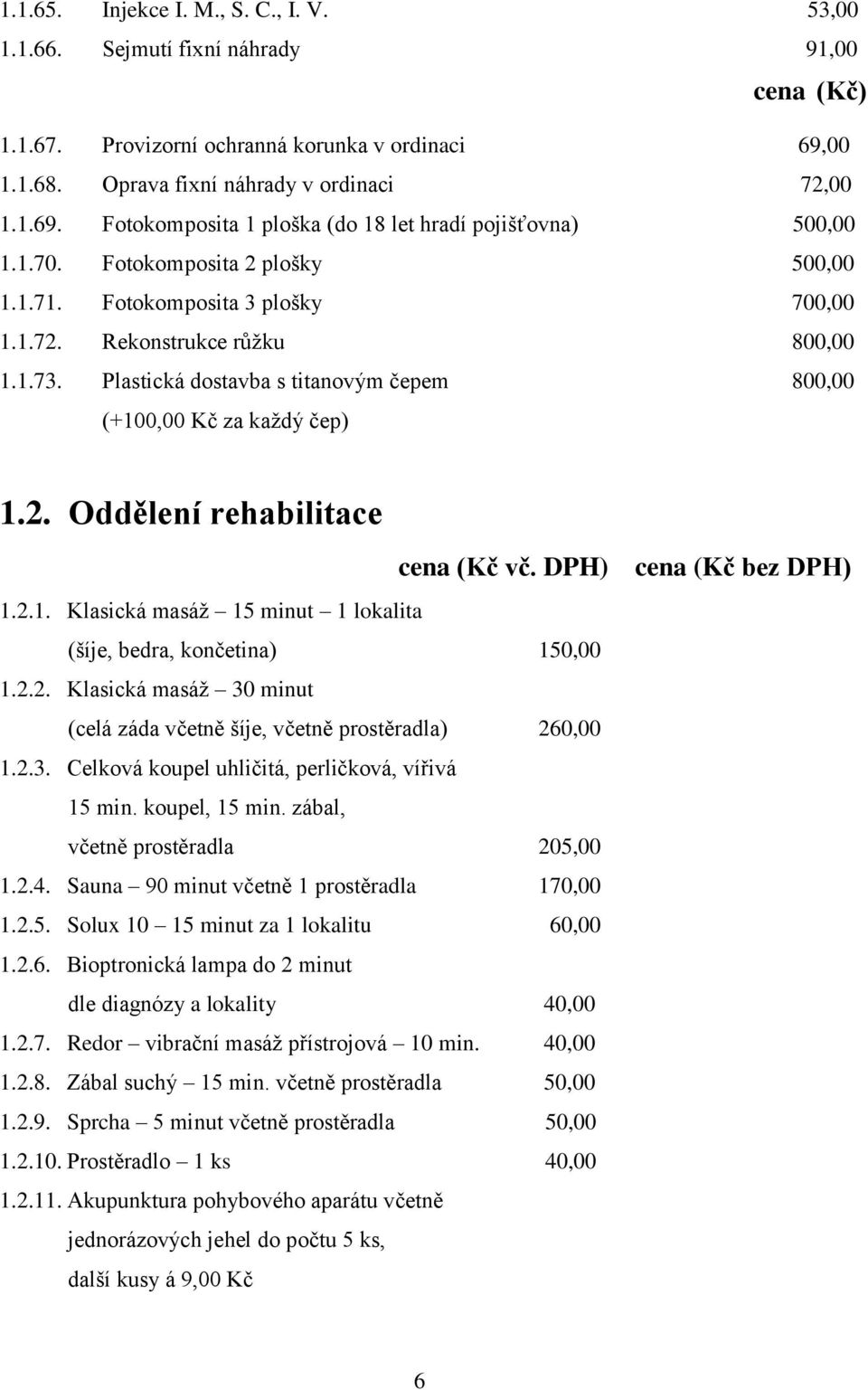 2.1. Klasická masáž 15 minut 1 lokalita (šíje, bedra, končetina) 150,00 1.2.2. Klasická masáž 30 minut (celá záda včetně šíje, včetně prostěradla) 260,00 1.2.3. Celková koupel uhličitá, perličková, vířivá 15 min.