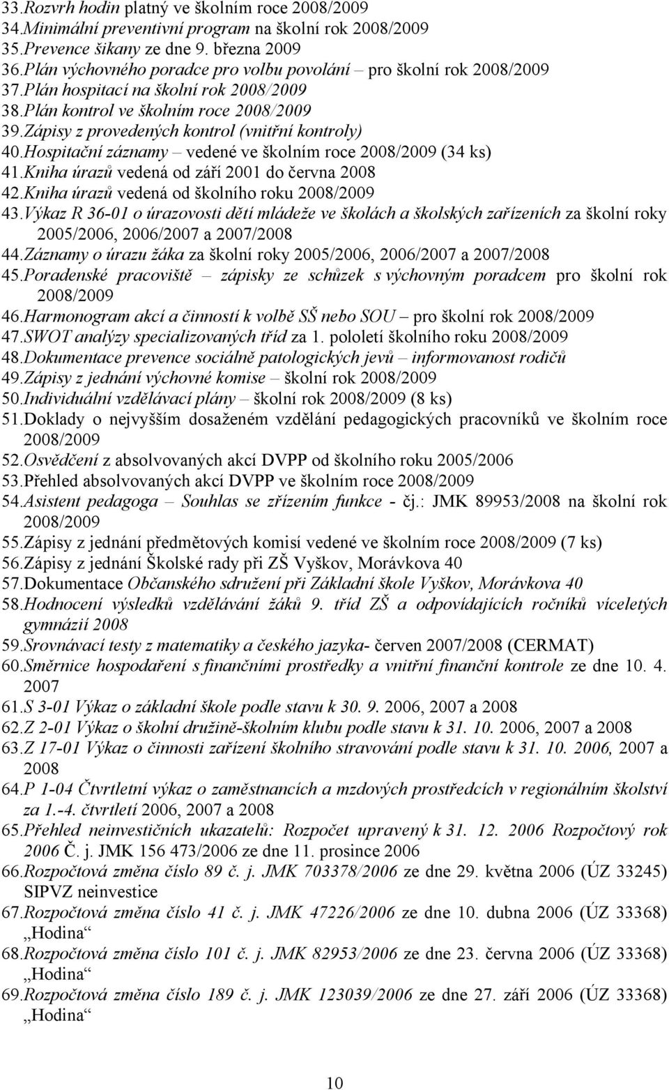 Zápisy z provedených kontrol (vnitřní kontroly) 40.Hospitační záznamy vedené ve školním roce 2008/2009 (34 ks) 41.Kniha úrazů vedená od září 2001 do června 2008 42.