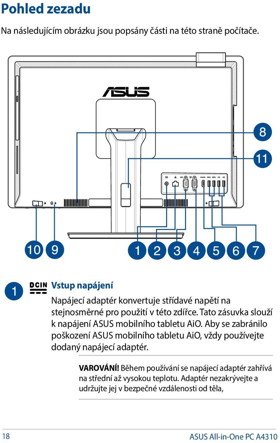 Tato zásuvka slouží k napájení ASUS mobilního tabletu AiO.