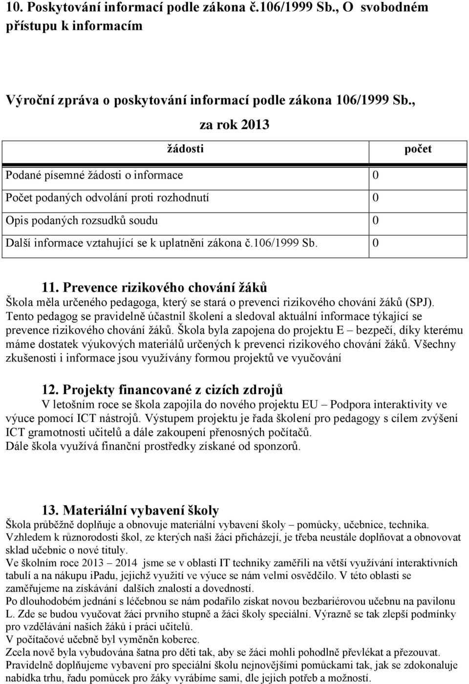 106/1999 Sb. 0 11. Prevence rizikového chování žáků Škola měla určeného pedagoga, který se stará o prevenci rizikového chování žáků (SPJ).