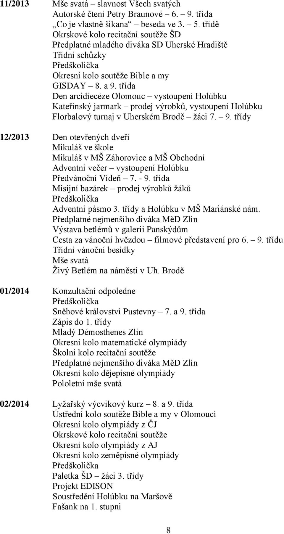 třída Den arcidiecéze Olomouc vystoupení Holúbku Kateřinský jarmark prodej výrobků, vystoupení Holúbku Florbalový turnaj v Uherském Brodě žáci 7. 9.