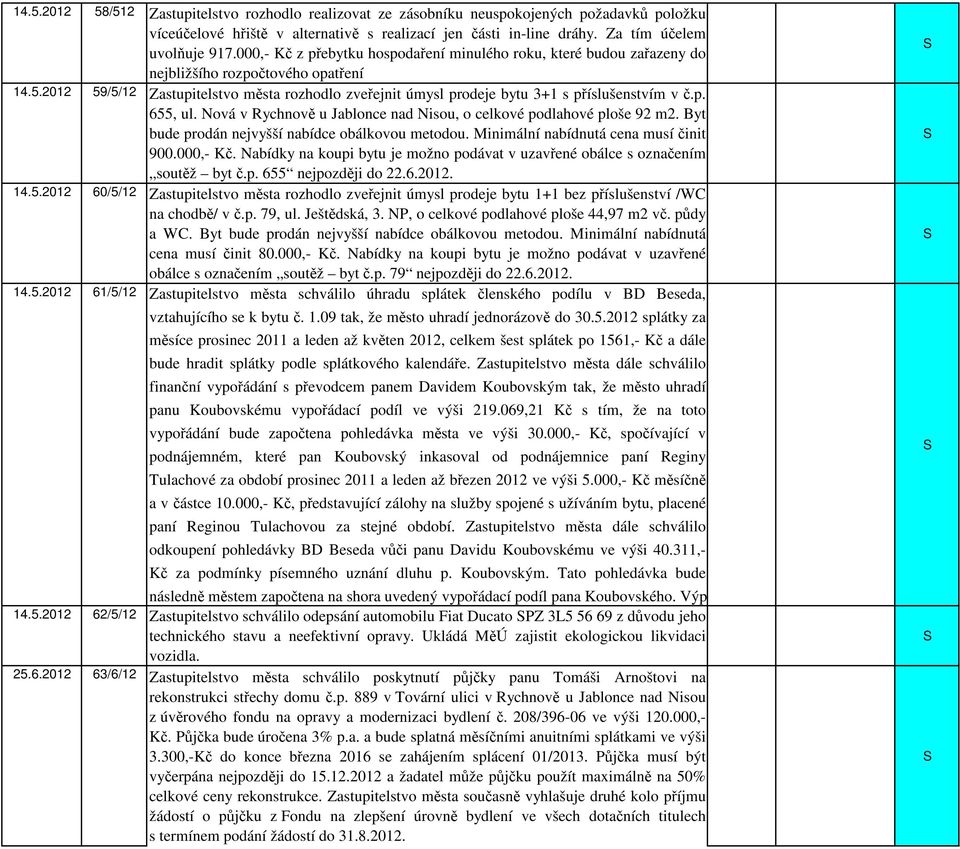 2012 59/5/12 Zastupitelstvo města rozhodlo zveřejnit úmysl prodeje bytu 3+1 s příslušenstvím v č.p. 655, ul. ová v Rychnově u Jablonce nad isou, o celkové podlahové ploše 92 m2.