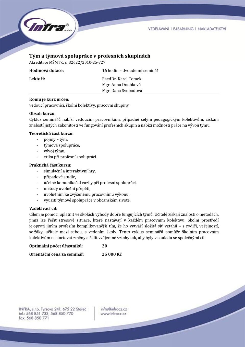 fungování profesních skupin a nabízí možnosti práce na vývoji týmu. Teoretická část kurzu: - pojmy tým, - týmová spolupráce, - vývoj týmu, - etika při profesní spolupráci.