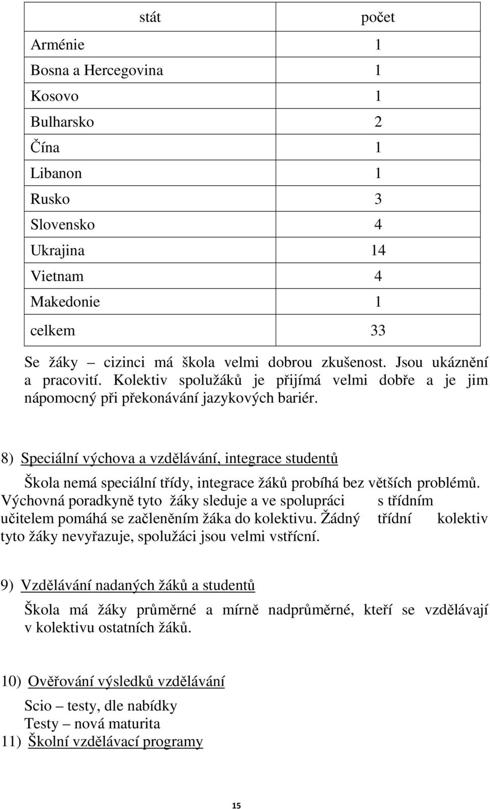 8) Speciální výchova a vzdělávání, integrace studentů Škola nemá speciální třídy, integrace žáků probíhá bez větších problémů.