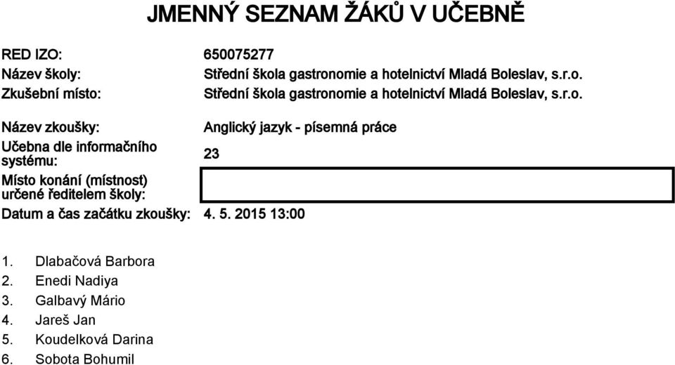 (místnost) určené ředitelem školy: Datum a čas začátku zkoušky: 4. 5. 2015 13:00 1.