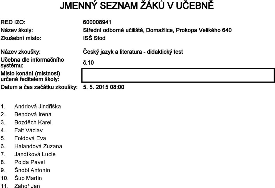 10 Místo konání (místnost) určené ředitelem školy: Datum a čas začátku zkoušky: 5. 5. 2015 08:00 1. Andrlová Jindřiška 2.