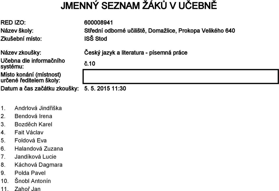 10 Místo konání (místnost) určené ředitelem školy: Datum a čas začátku zkoušky: 5. 5. 2015 11:30 1. Andrlová Jindřiška 2.