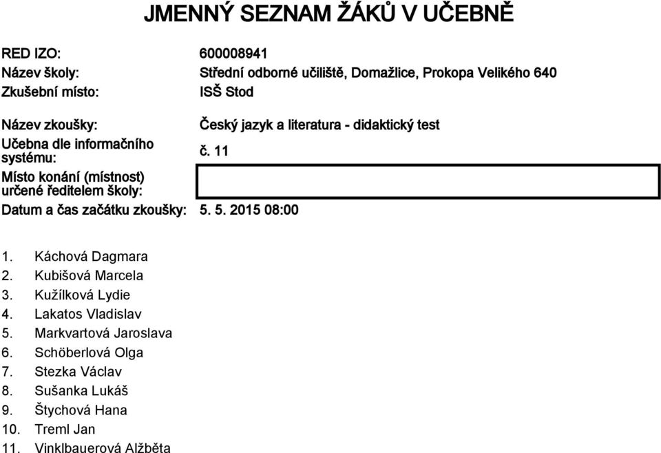 11 Místo konání (místnost) určené ředitelem školy: Datum a čas začátku zkoušky: 5. 5. 2015 08:00 1. Káchová Dagmara 2.