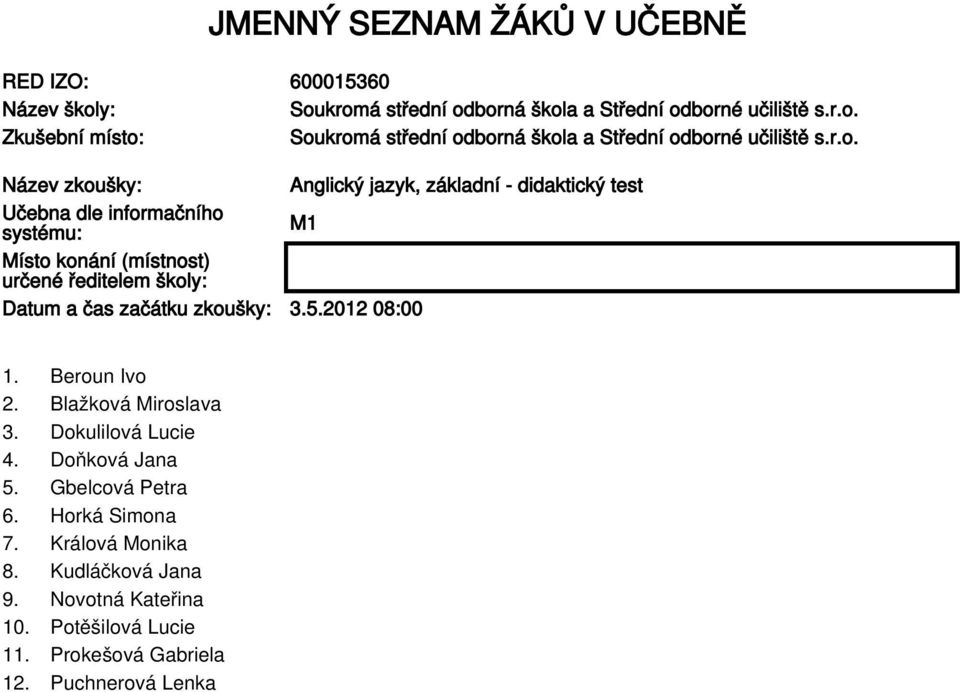 zkoušky: 3.5.2012 08:00 1. Beroun Ivo 2. Blažková Miroslava 3. Dokulilová Lucie 4. Doňková Jana 5. Gbelcová Petra 6.