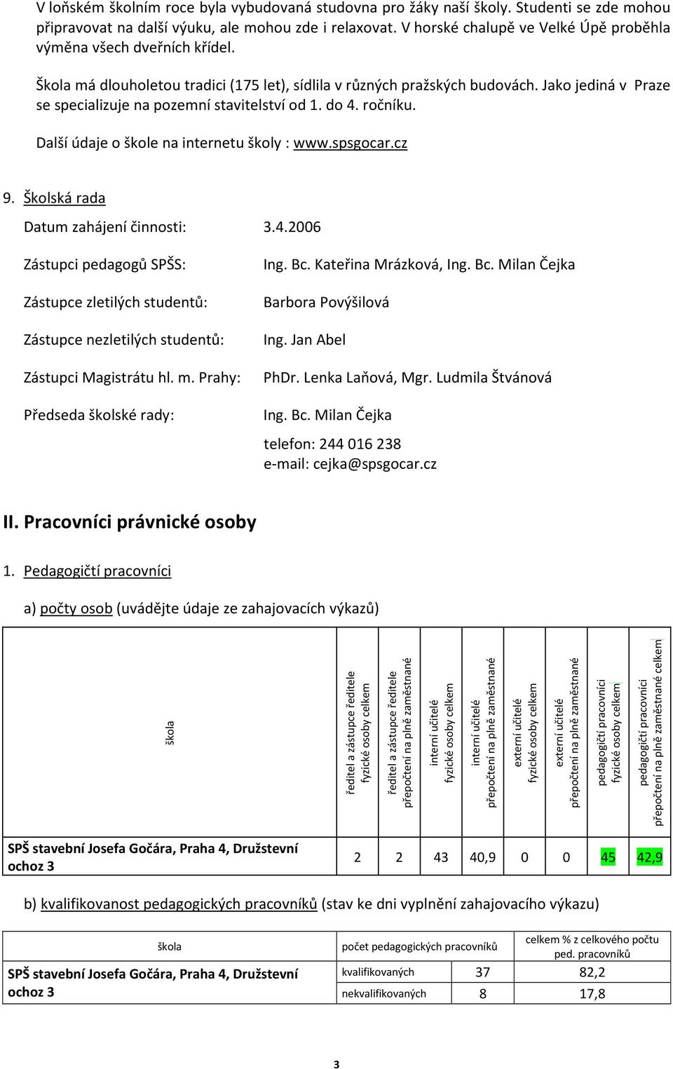 Jako jediná v Praze se specializuje na pozemní stavitelství od 1. do 4. ročníku. Další údaje o škole na internetu školy : www.spsgocar.cz 9. Školská rada Datum zahájení činnosti: 3.4.2006 Zástupci pedagogů SPŠS: Zástupce zletilých studentů: Zástupce nezletilých studentů: Ing.