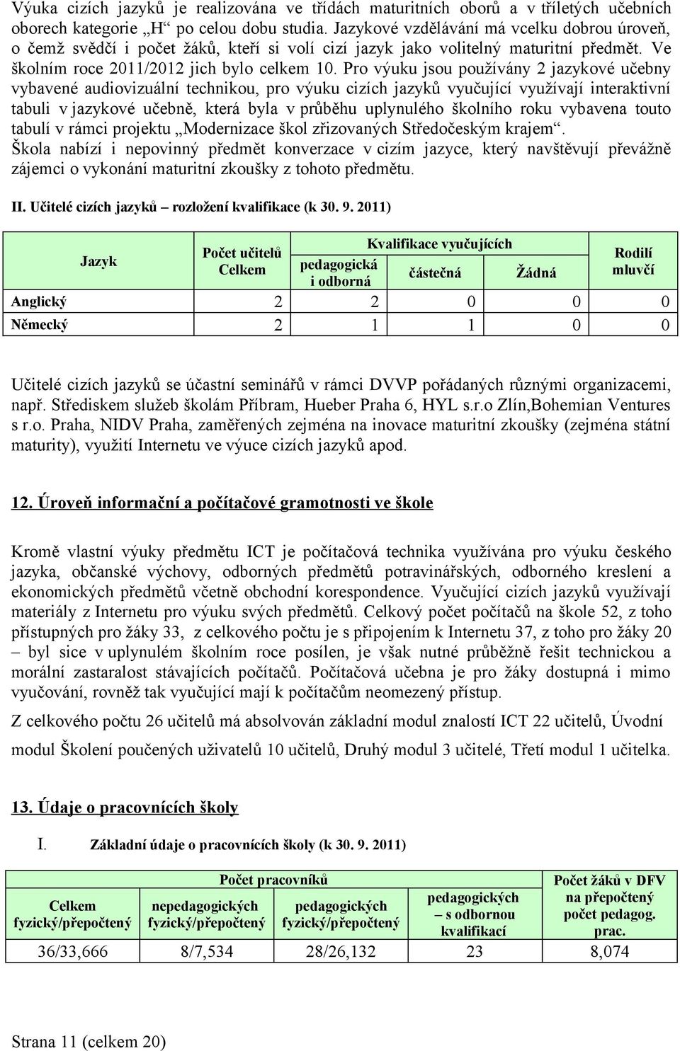 Pro výuku jsou používány 2 jazykové učebny vybavené audiovizuální technikou, pro výuku cizích jazyků vyučující využívají interaktivní tabuli v jazykové učebně, která byla v průběhu uplynulého