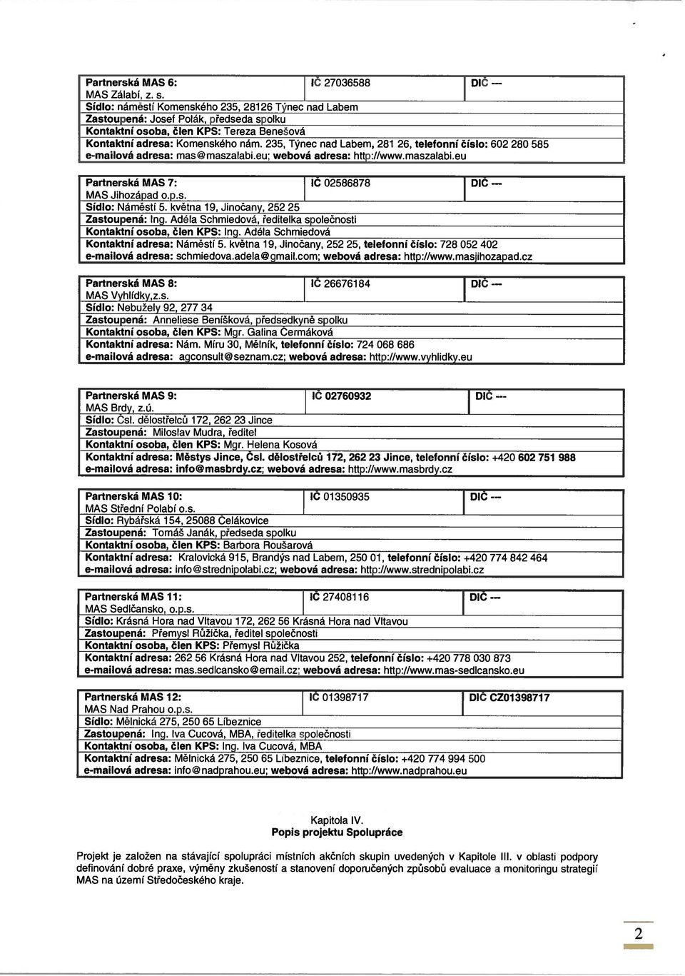 235, Týnec nad Labem, 281 26, telefonní číslo: 602 280 585 e-mailová adresa: mas@maszalabi.eu; webová adresa: http://www.maszalabi.eu Partnerská MAS 7: lč 02586878 DIČ MAS Jihozápad ops.