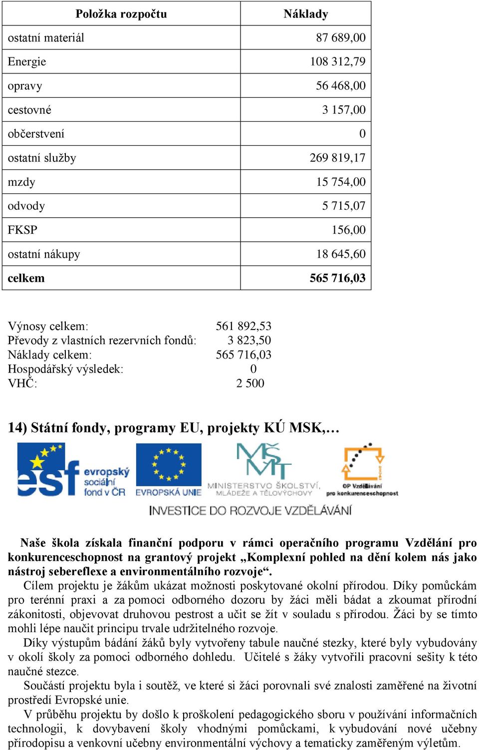 EU, projekty KÚ MSK, Naše škola získala finanční podporu v rámci operačního programu Vzdělání pro konkurenceschopnost na grantový projekt Komplexní pohled na dění kolem nás jako nástroj sebereflexe a