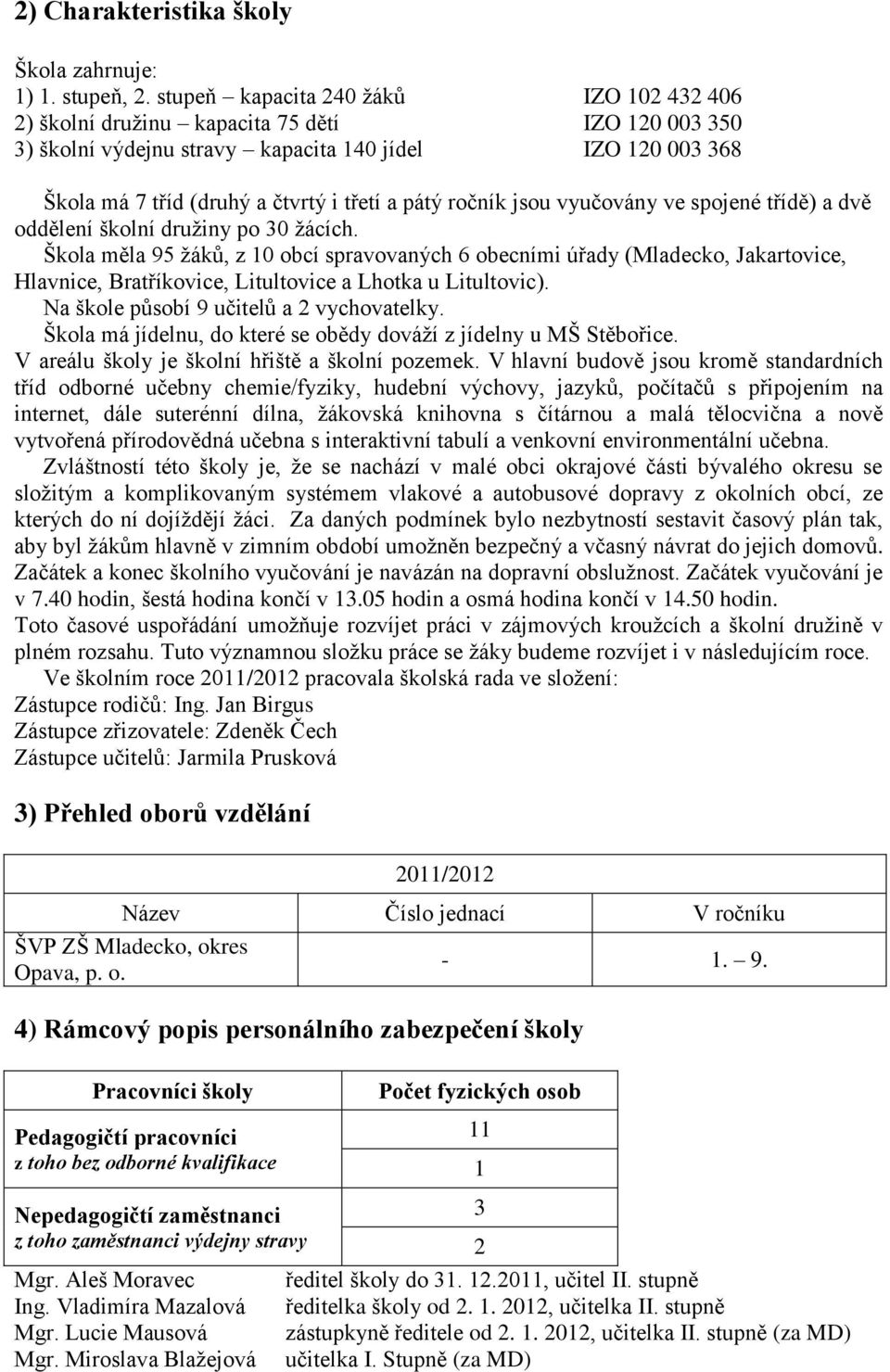 ročník jsou vyučovány ve spojené třídě) a dvě oddělení školní družiny po 30 žácích.