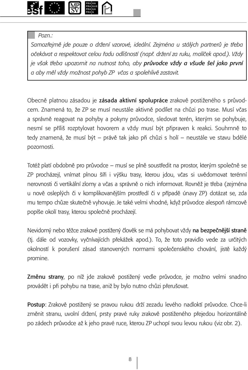 Obecně platnou zásadou je zásada aktivní spolupráce zrakově postiženého s průvodcem. Znamená to, že ZP se musí neustále aktivně podílet na chůzi po trase.