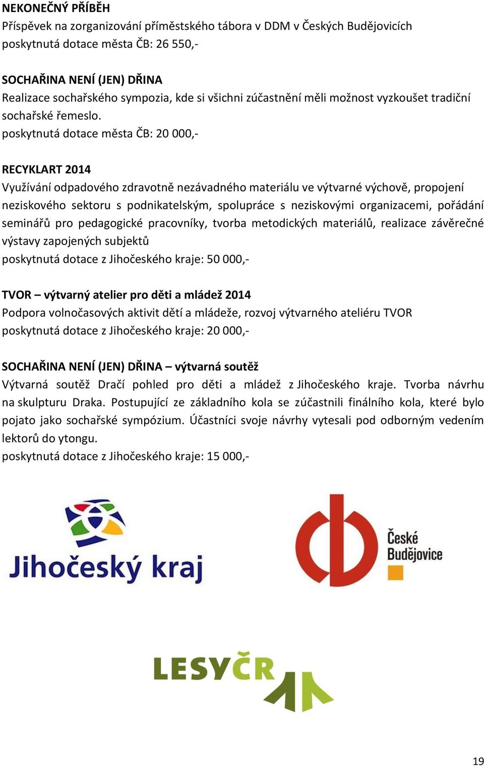 poskytnutá dotace města ČB: 20 000,- RECYKLART 2014 Využívání odpadového zdravotně nezávadného materiálu ve výtvarné výchově, propojení neziskového sektoru s podnikatelským, spolupráce s neziskovými