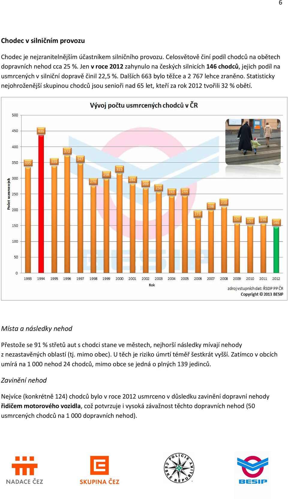 Statisticky nejohroženější skupinou chodců jsou senioři nad 65 let, kteří za rok 2012 tvořili 32 % obětí.