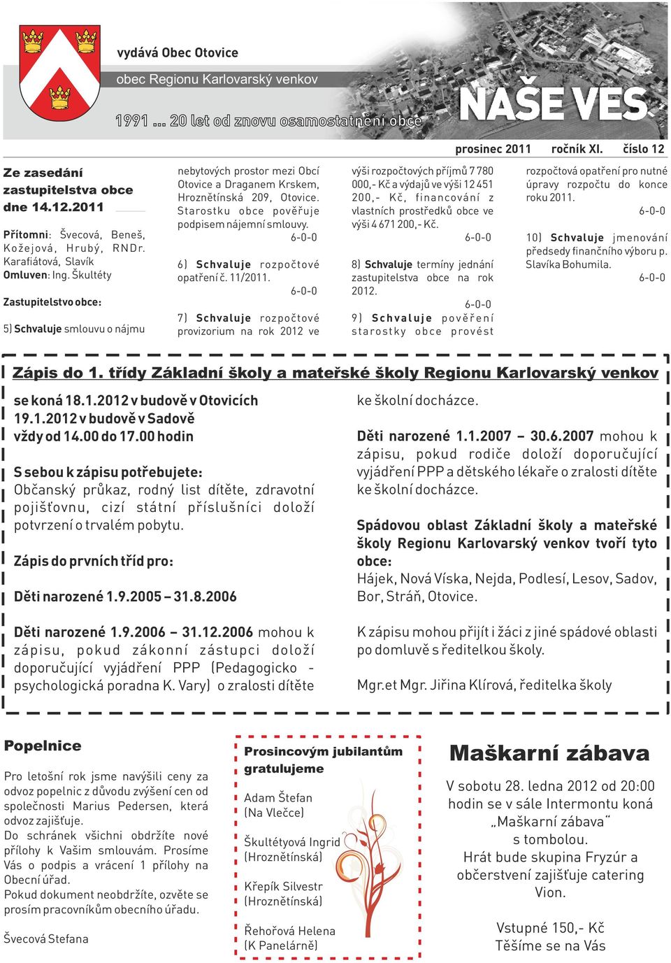 209, Otovice. 200,- Kč, financování z roku 2011. Starostku obce pověřuje vlastních prostředků obce ve 6-0-0 podpisem nájemnísmlouvy. výši 4 671 200,- Kč.