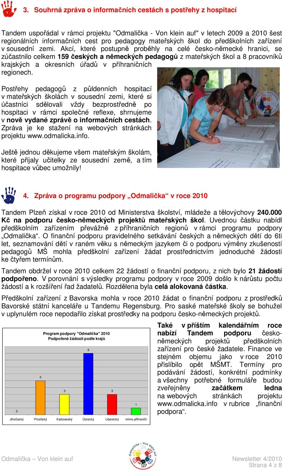 Akcí, které postupně proběhly na celé česko-německé hranici, se zúčastnilo celkem 159 českých a německých pedagogů z mateřských škol a 8 pracovníků krajských a okresních úřadů v příhraničních