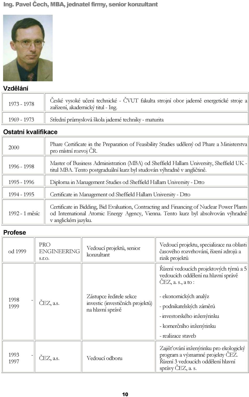 místní rozvoj ČR. Master of Business Administration (MBA) od Sheffield Hallam University, Sheffield UK - titul MBA. Tento postgraduální kurz byl studován výhradně v angličtině.