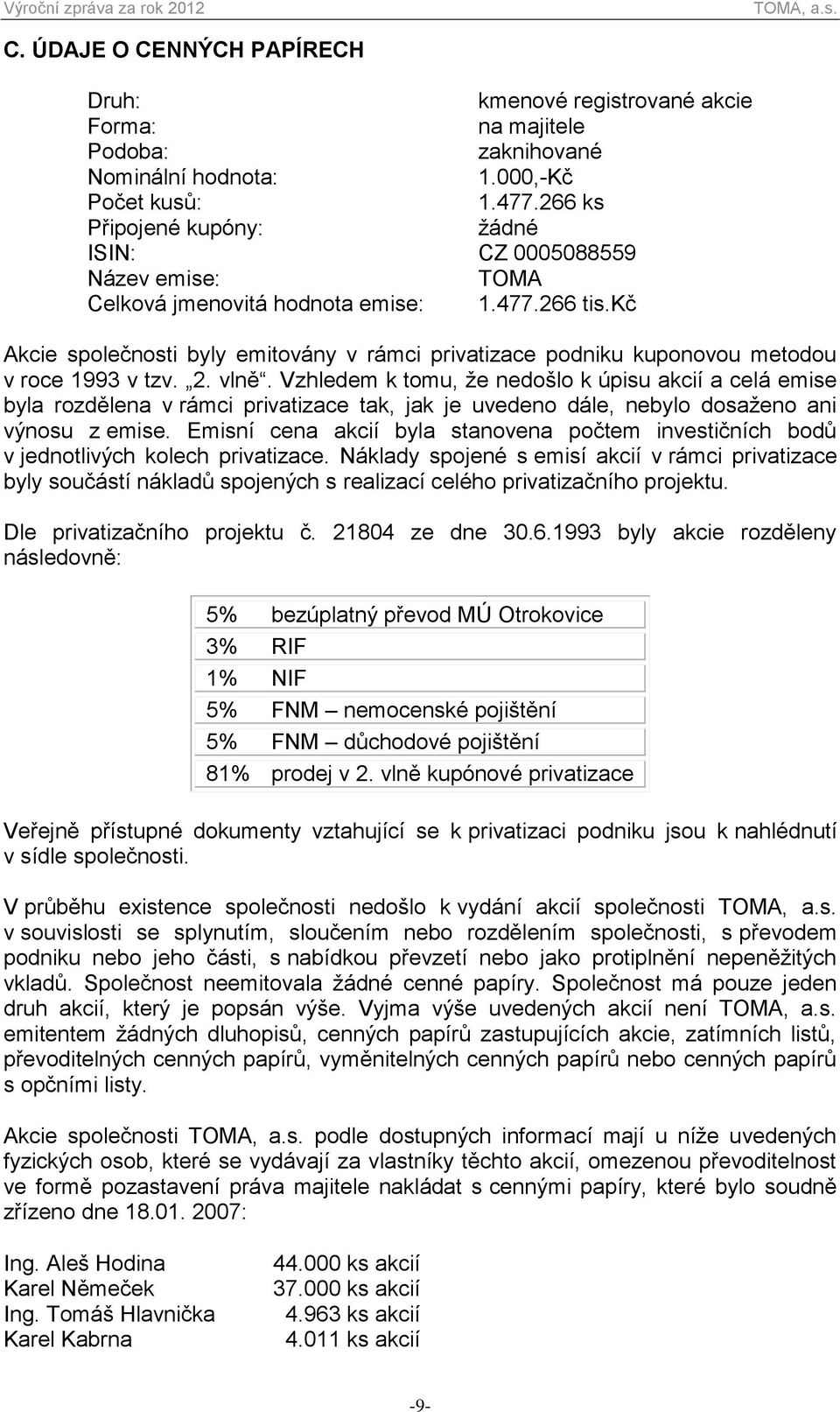 kč Akcie společnosti byly emitovány v rámci privatizace podniku kuponovou metodou v roce 1993 v tzv. 2. vlně.