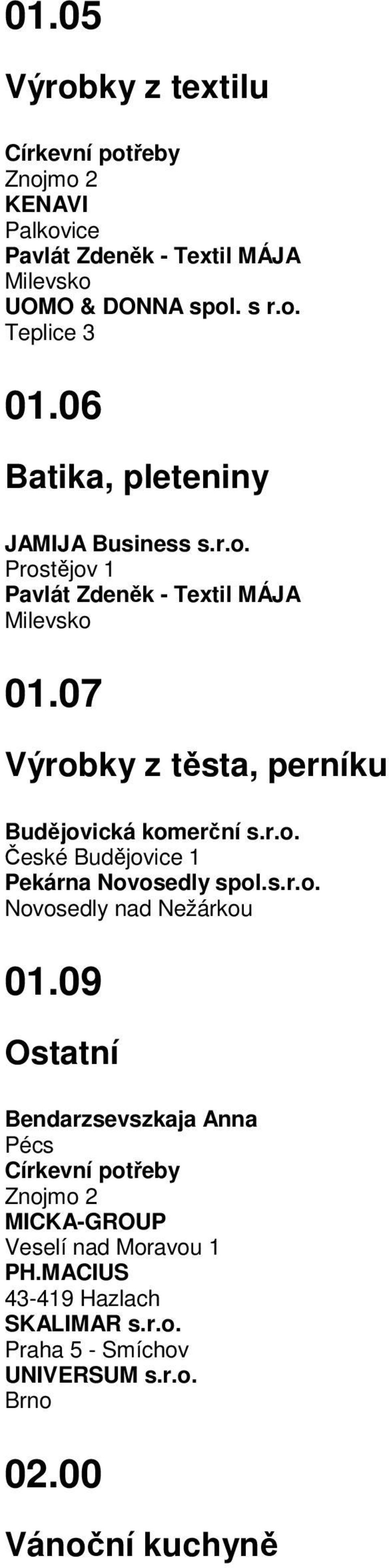 07 Výrobky z těsta, perníku Budějovická komerční s.r.o. 1 Pekárna Novosedly spol.s.r.o. Novosedly nad Nežárkou 01.