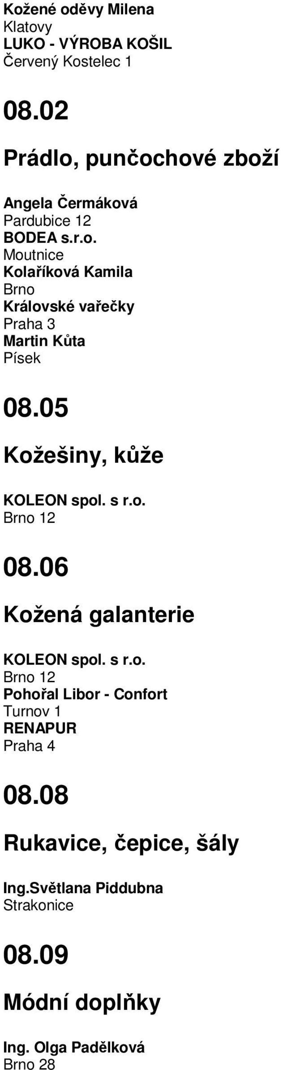 05 Kožešiny, kůže KOLEON spol. s r.o. Brno 12 08.06 Kožená galanterie KOLEON spol. s r.o. Brno 12 Pohořal Libor - Confort Turnov 1 RENAPUR Praha 4 08.