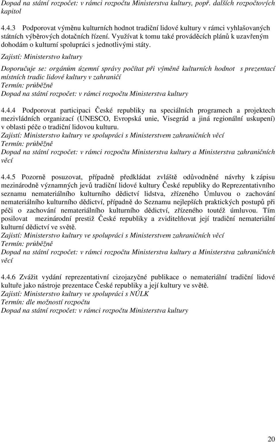 Zajistí: Ministerstvo kultury Doporučuje se: orgánům územní správy počítat při výměně kulturních hodnot s prezentací místních tradic lidové kultury v zahraničí 4.