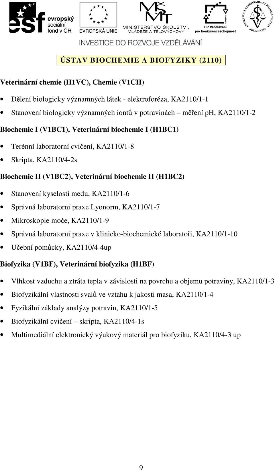 kyselosti medu, KA2110/1-6 Správná laboratorní praxe Lyonorm, KA2110/1-7 Mikroskopie moče, KA2110/1-9 Správná laboratorní praxe v klinicko-biochemické laboratoři, KA2110/1-10 Učební pomůcky,