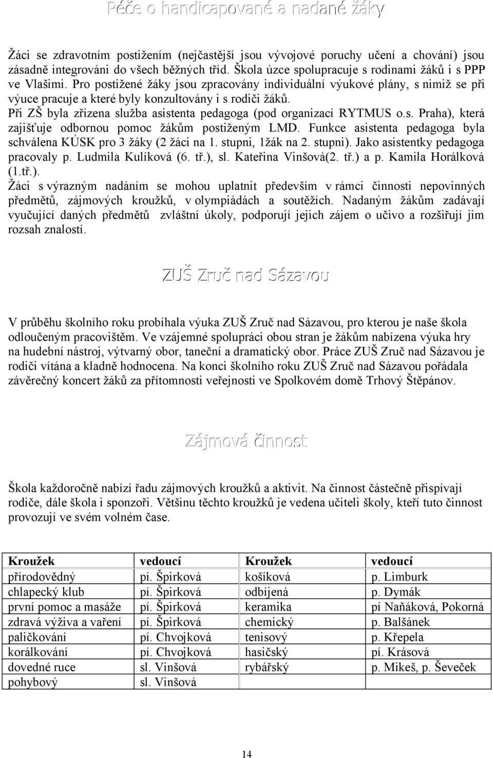 Při ZŠ byla zřízena služba asistenta pedagoga (pod organizací RYTMUS o.s. Praha), která zajišťuje odbornou pomoc žákům postiženým LMD.