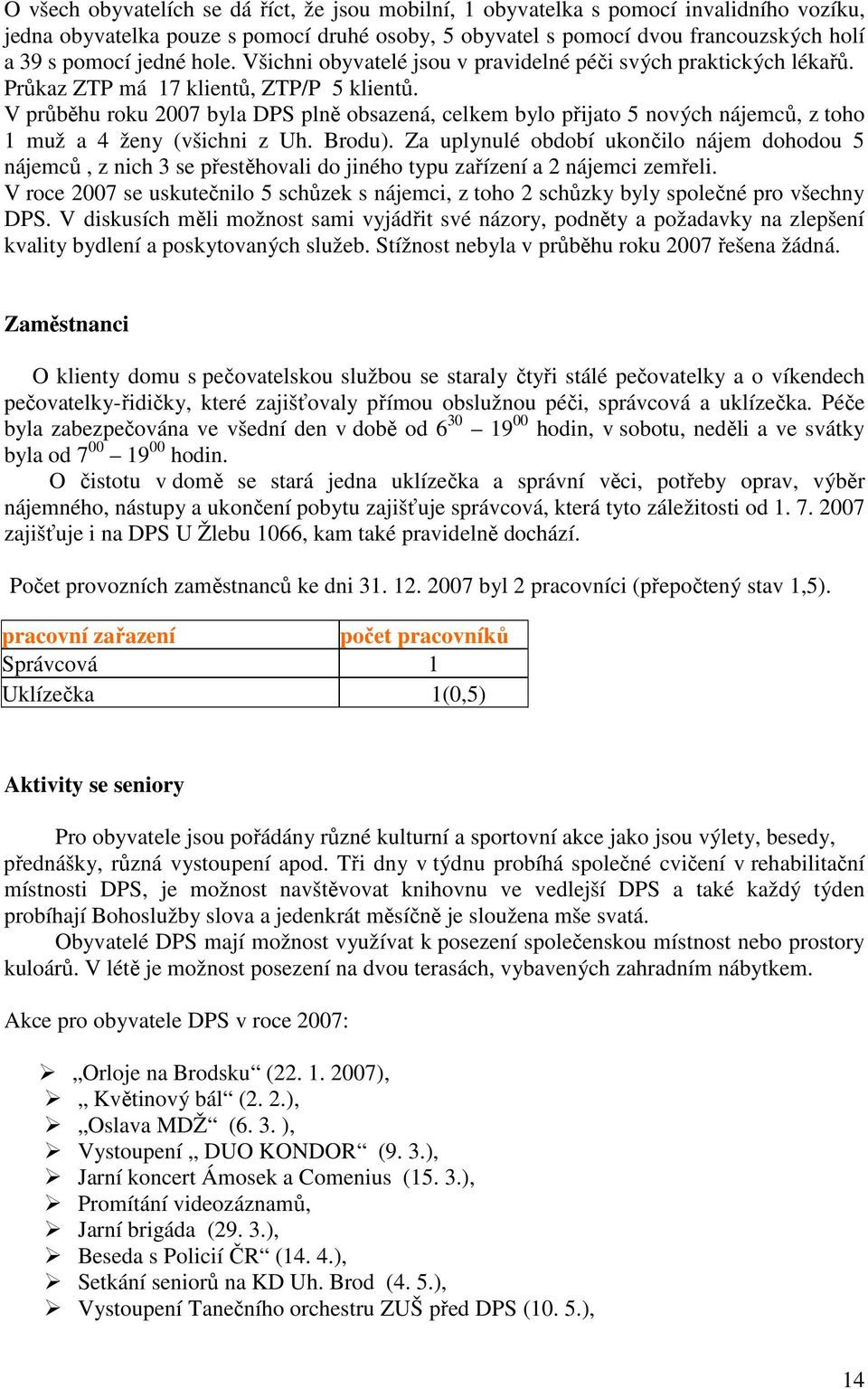 V průběhu roku 2007 byla DPS plně obsazená, celkem bylo přijato 5 nových nájemců, z toho 1 muž a 4 ženy (všichni z Uh. Brodu).