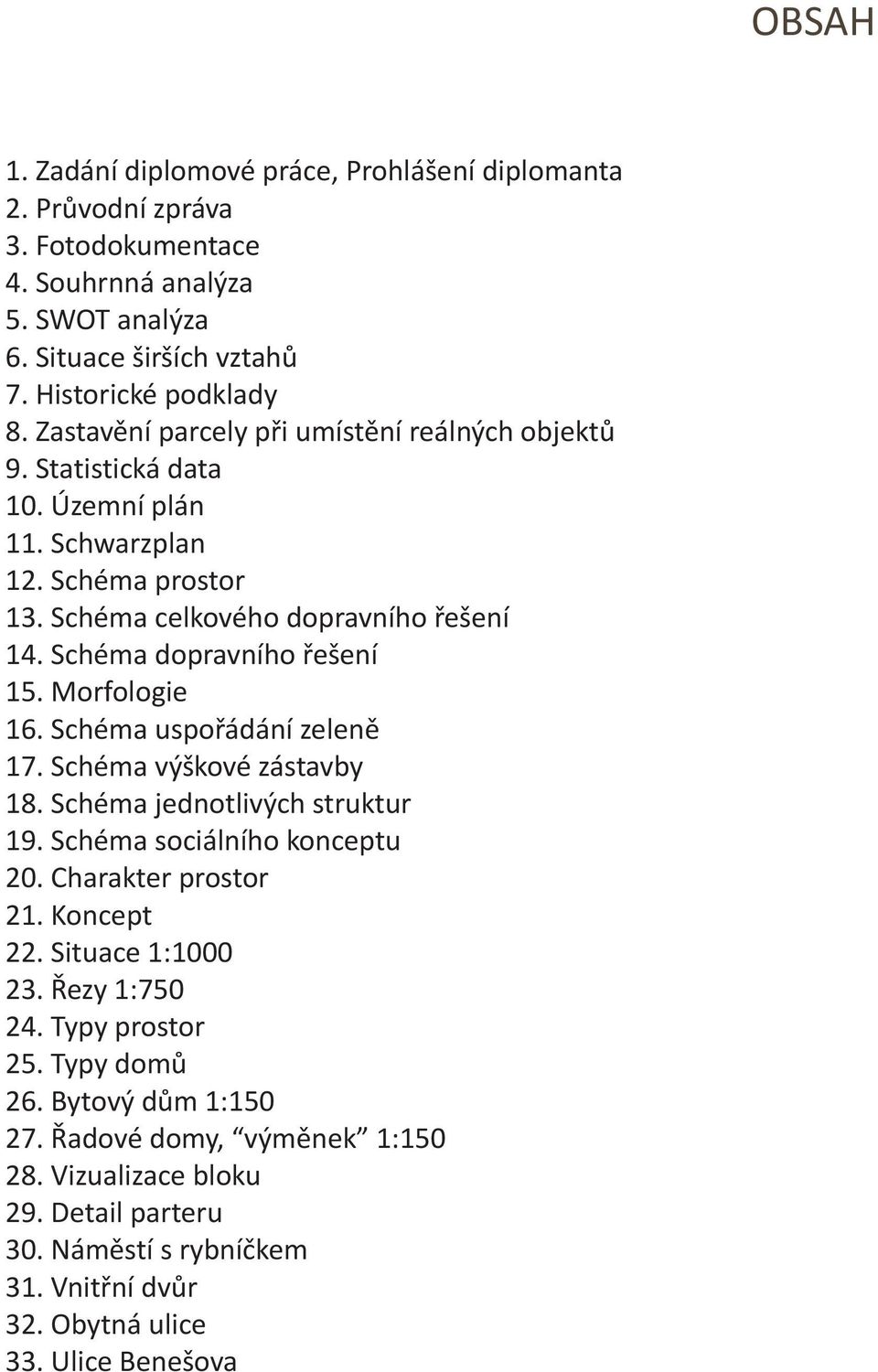 Morfologie 16. Schéma uspořádání zeleně 17. Schéma výškové zástavby 18. Schéma jednotlivých struktur 19. Schéma sociálního konceptu 20. Charakter prostor 21. Koncept 22. Situace 1:1000 23.