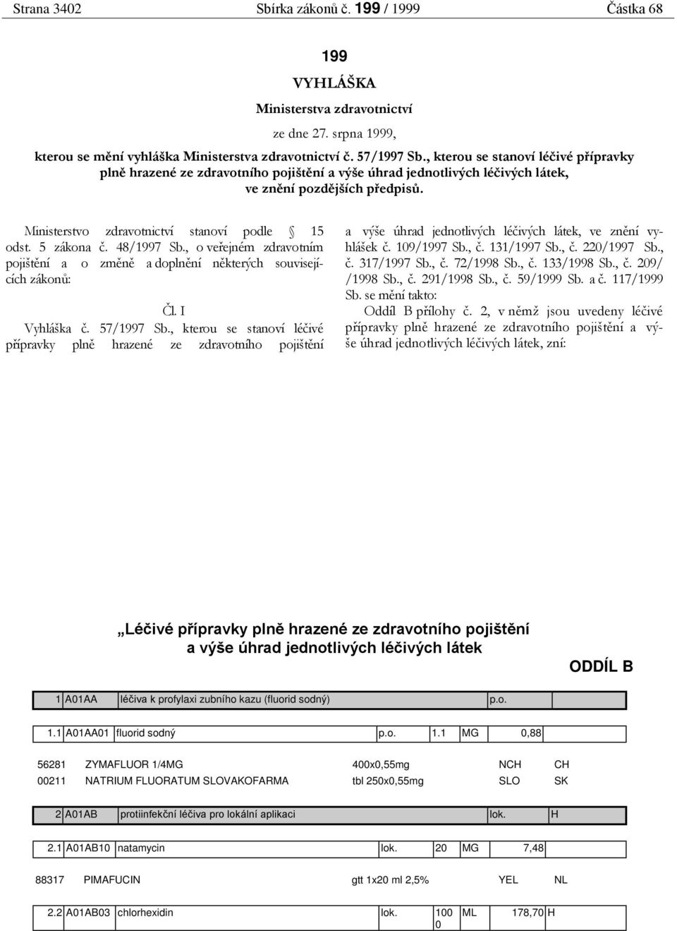 5 zákona č. 48/1997 Sb., o veřejném zdravotním pojištění a o změně a doplnění některých souvisejících zákonů: Čl. I Vyhláška č. 57/1997 Sb.