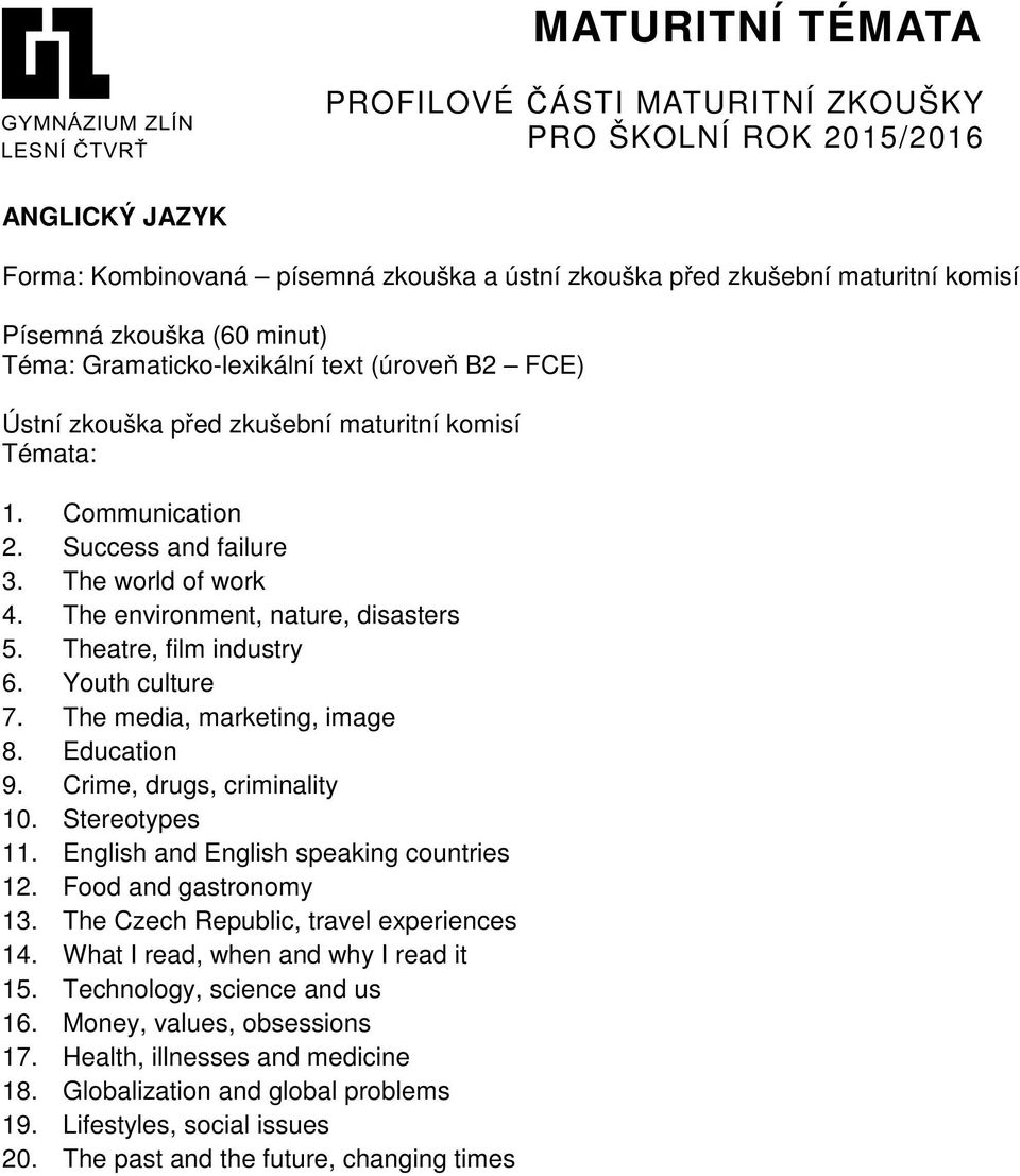 Education 9. Crime, drugs, criminality 10. Stereotypes 11. English and English speaking countries 12. Food and gastronomy 13. The Czech Republic, travel experiences 14.