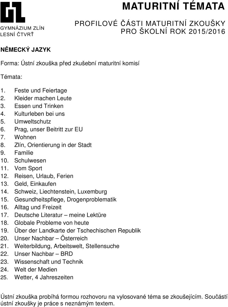 Schweiz, Liechtenstein, Luxemburg 15. Gesundheitspflege, Drogenproblematik 16. Alltag und Freizeit 17. Deutsche Literatur meine Lektüre 18. Globale Probleme von heute 19.