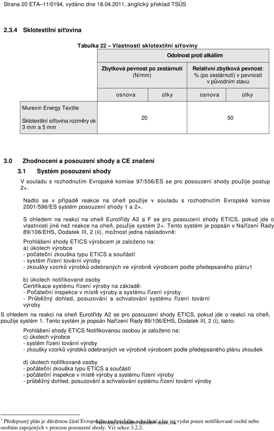 stavu osnova útky osnova útky Murein Energy Tetile Sklotetilní síťovina rozměry ok 3 mm a 5 mm 20 50 3.0 Zhodnocení a posouzení shody a CE značení 3.