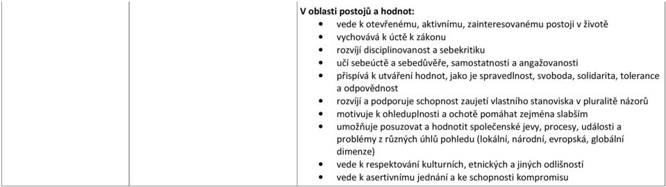 vlastního stanoviska v pluralitě názorů motivuje k ohleduplnosti a ochotě pomáhat zejména slabším umožňuje posuzovat a hodnotit společenské jevy, procesy, události a problémy z