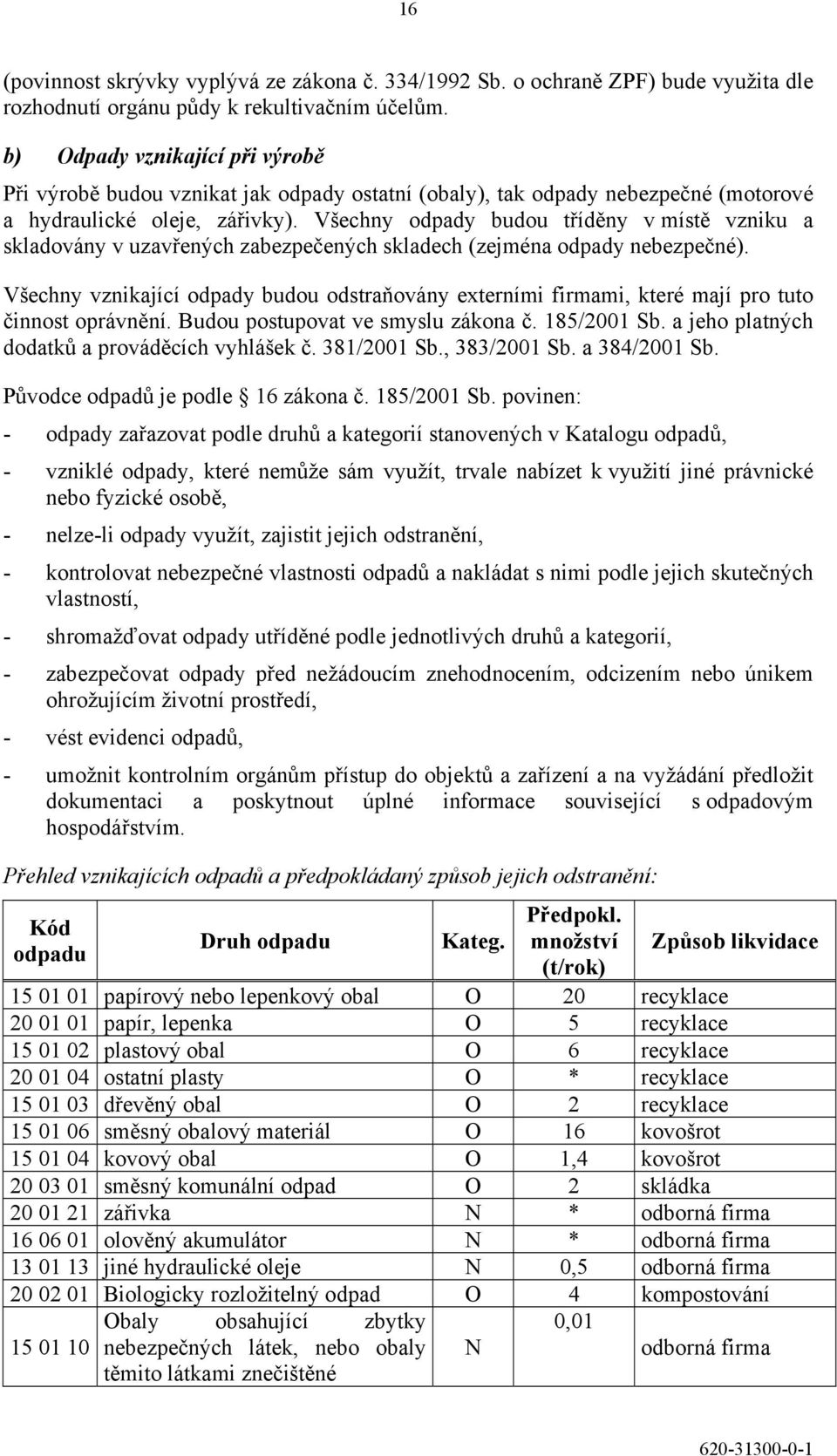 Všechny odpady budou tříděny v místě vzniku a skladovány v uzavřených zabezpečených skladech (zejména odpady nebezpečné).