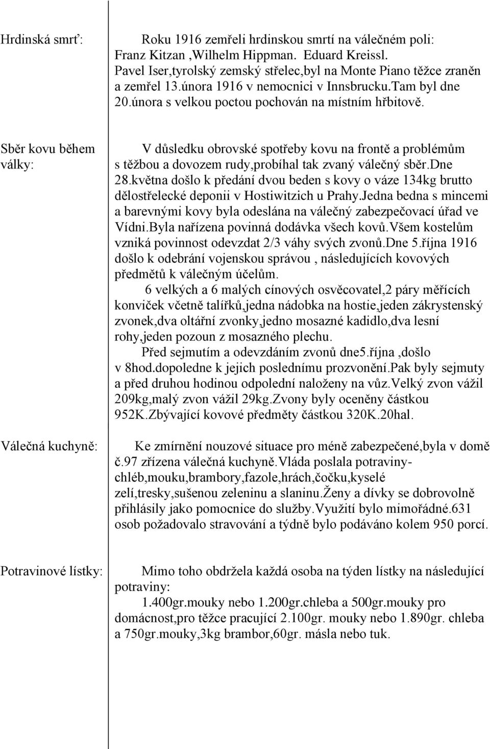 Sběr kovu během války: Válečná kuchyně: V důsledku obrovské spotřeby kovu na frontě a problémům s těţbou a dovozem rudy,probíhal tak zvaný válečný sběr.dne 28.