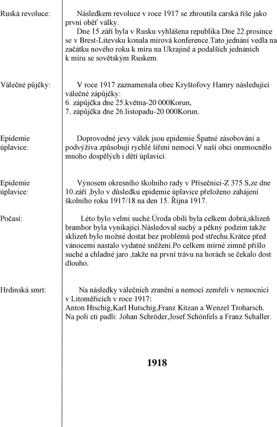 Válečné půjčky: V roce 1917 zaznamenala obec Kryštofovy Hamry následující válečné zápůjčky: 6. zápůjčka dne 25.května-20 000Korun, 7. zápůjčka dne 26.listopadu-20 000Korun.