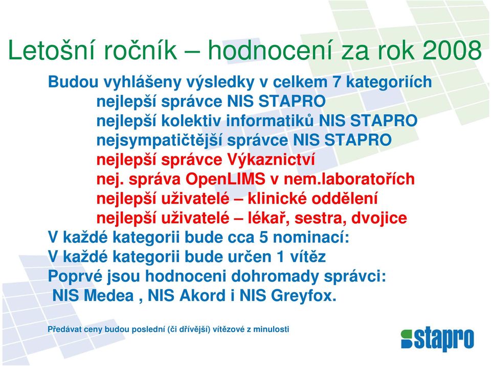 laboratořích nejlepší uživatelé klinické oddělení nejlepší uživatelé lékař, sestra, dvojice V každé kategorii bude cca 5 nominací: V každé