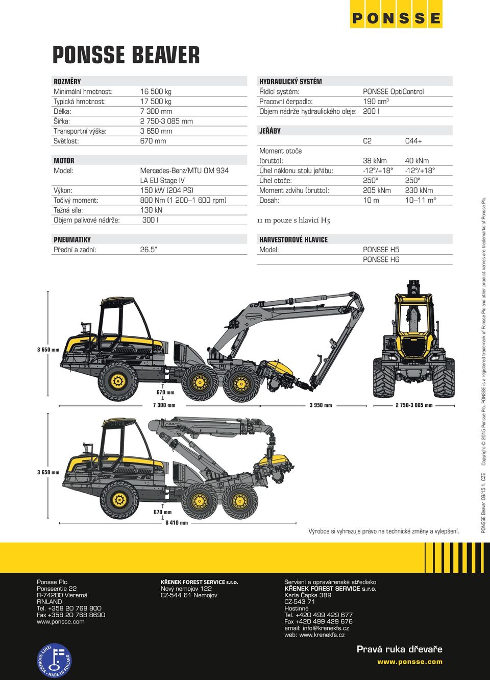 5 HYDRAULICKÝ SYSTÉM Řídící systém: PONSSE OptiControl Pracovní čerpadlo: 190 cm 3 Objem nádrže hydraulického oleje: 200 I JEŘÁBY C2 C44+ Moment otoče (brutto): 38 knm 40 knm Úhel náklonu stolu